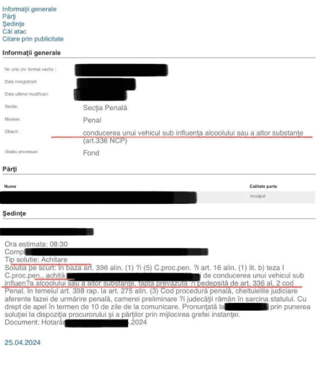 Extras anonimizat dintr-o solutie de achitare intr-un dosar de droguri la volan