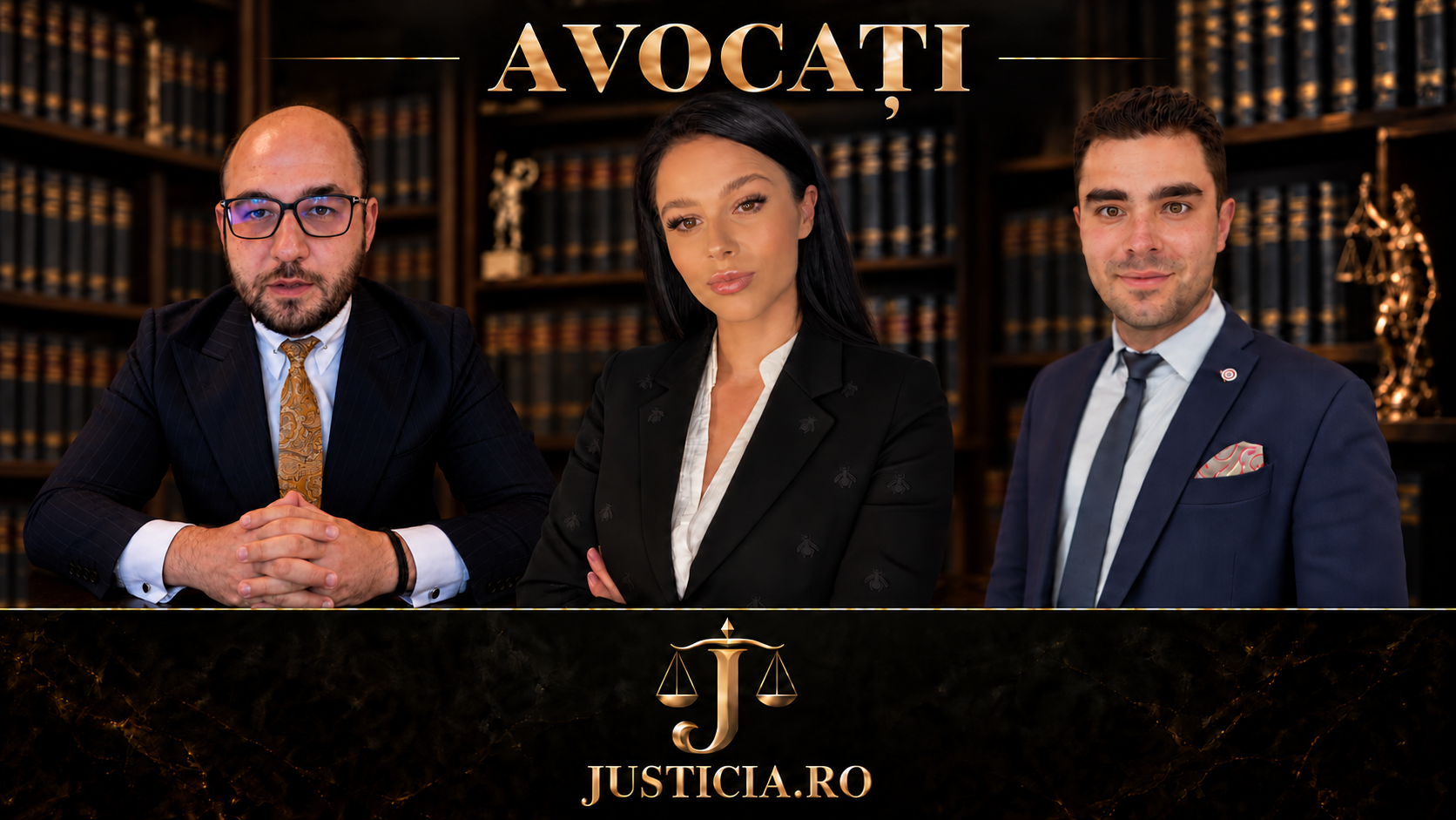 Echipa de avocați Justicia.ro — copertă cu cei trei avocați, în negru și auriu